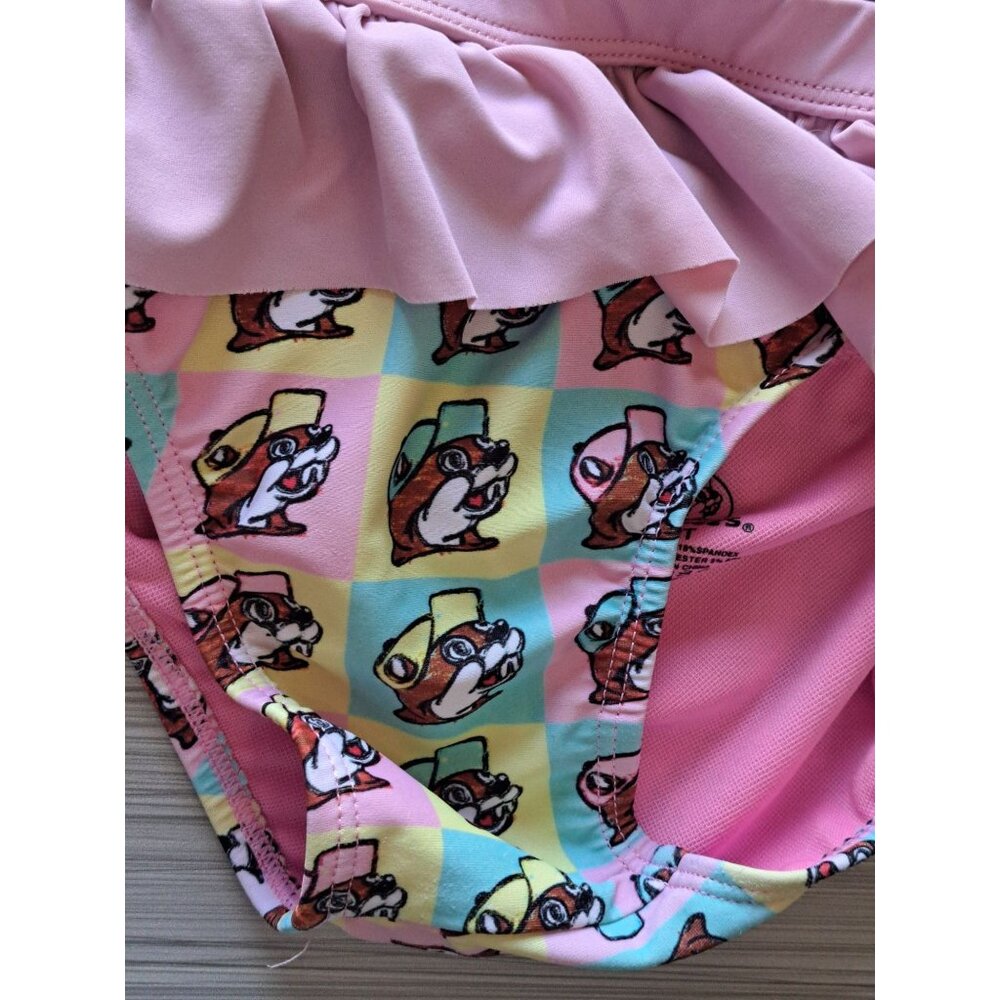 Buc-ees Toddler Girls 2T Two-Piece Ruffle Bikini Swim Set Cartoon Beaver Pink - Picture 3 of 6